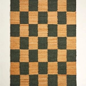 Handwoven Checkerboard Rug in Green and Tan